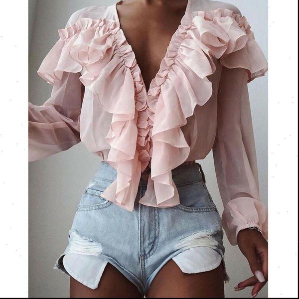 

autumn summer womens chiffon ruffle deep v neck trim shirts blouse office lad elegant pink loose solid color, White