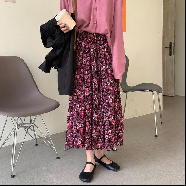 

elastic waist chiffon elegant loose skirts new style 2021 print floral pleated women long high waist female skirt, Black