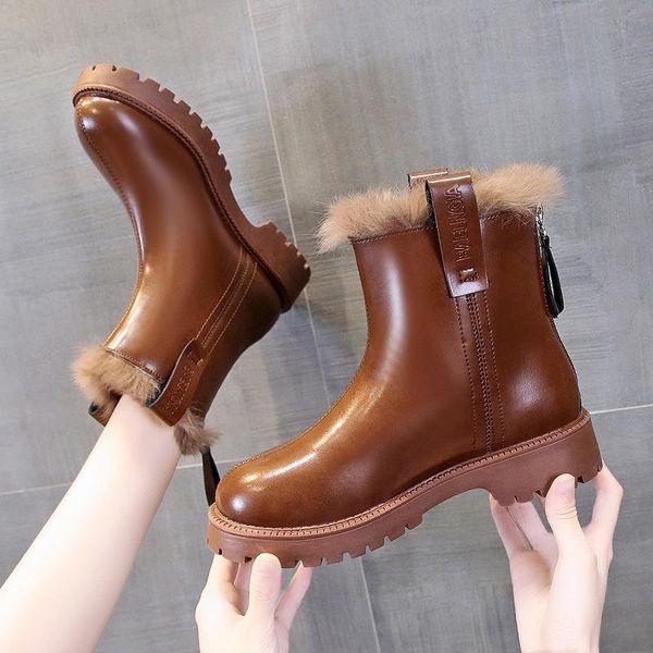 

boots mid heels lady botas 2021 winter platform short plush casual ankle motorcycle fashion warm pu leather zip oxford shoes, Black