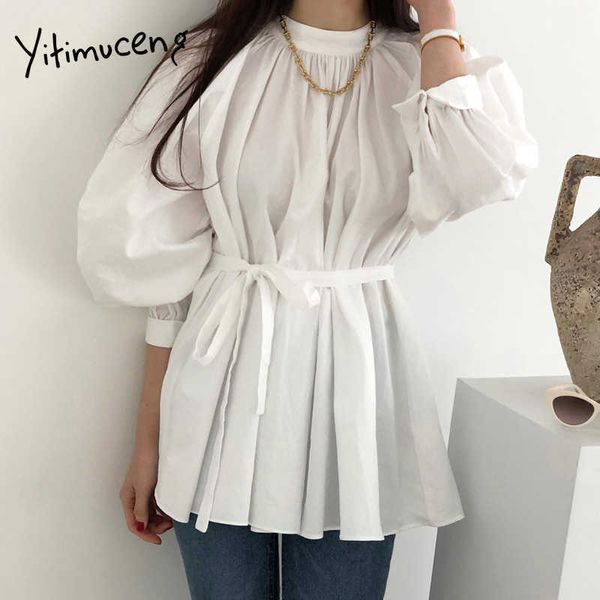 

yitimuceng long blouse women oversized lace up doll shirts korean fashion lantern sleeve black white spring summer 210601
