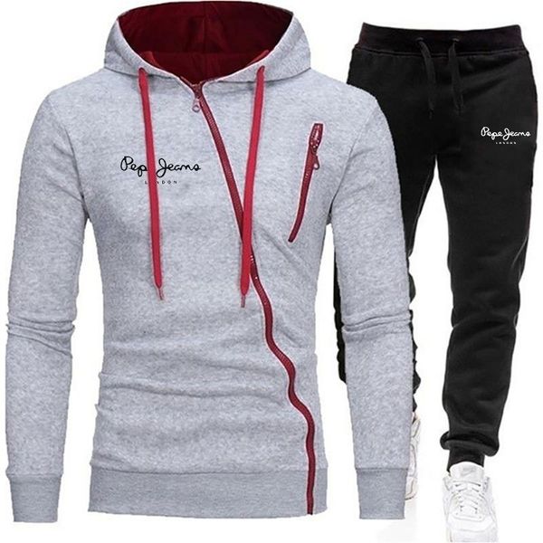 

men's tracksuits winter sportswear oblique zipper sweater hoodie + pants sports suit brand clothing outdoor casual, Gray