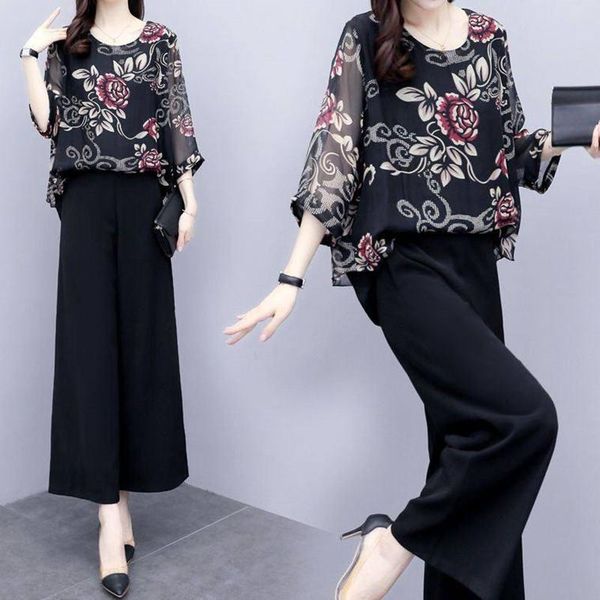 

women's tracksuits black wide-leg pants suit women summer two-piece set female fashion plus size printed chiffon s 5xl, Gray