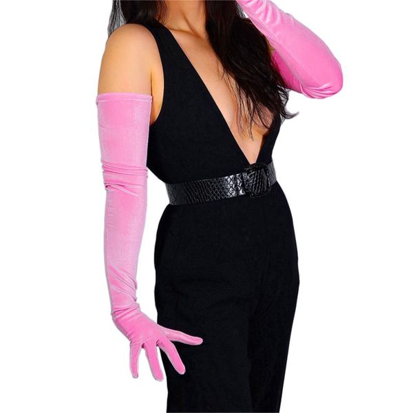 

five fingers gloves 70cm gold velvet female long style candy color high elastic women velour touch screen 2021, Blue;gray