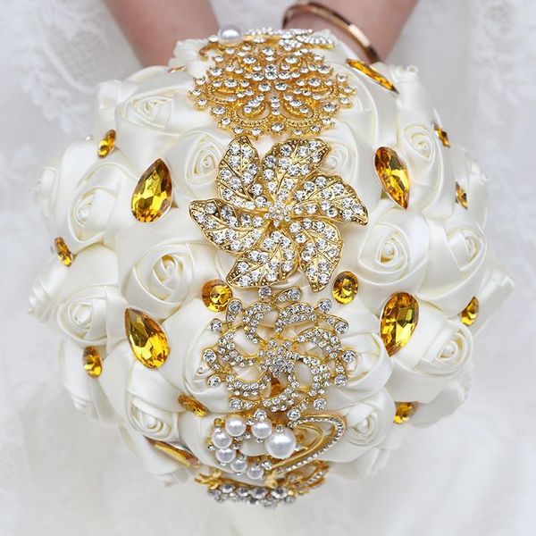 

decorative flowers & wreaths bride bridesmaid golden rhinestone pearl church wedding handmade bouquet holding flower multi-color w227