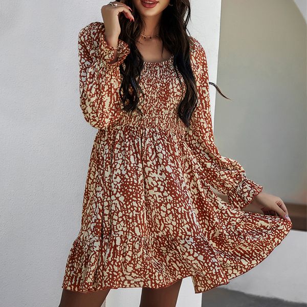 

new women spring square collar flower print 2021 casual long sleeve mini lady boho a line holiday beach vestidos aeyu, Black;gray