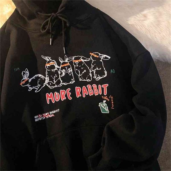 

women sweatshirt for more rabbit print winter korean style fashion hoodies kawaii oversized hooded polyester harajuku 210809, Black