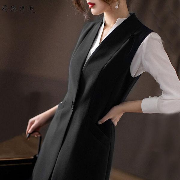 

women's vests 2021 women spring classic long vest female elegant sleeveless jackets outerwear ladies office lady slim waistcoat h373, Black;white