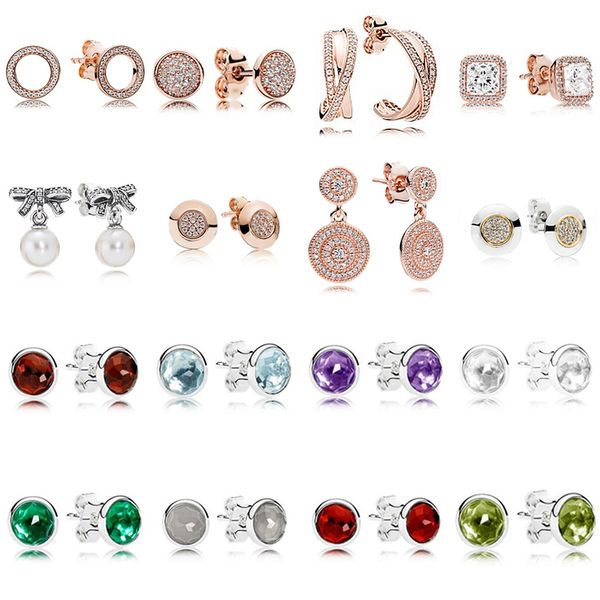 

new 2021 100% 925 sterling silver gem pearl ear studs fit diy original bracelet fshion jewelry gift, Golden;silver