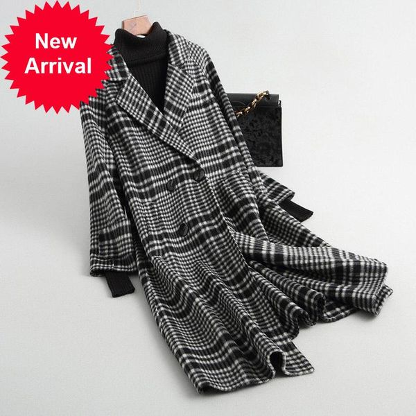 

women's wool & blends women 2021 a38082 fall winter fashion plaid jacket lady long style pocket leisure coat, Black