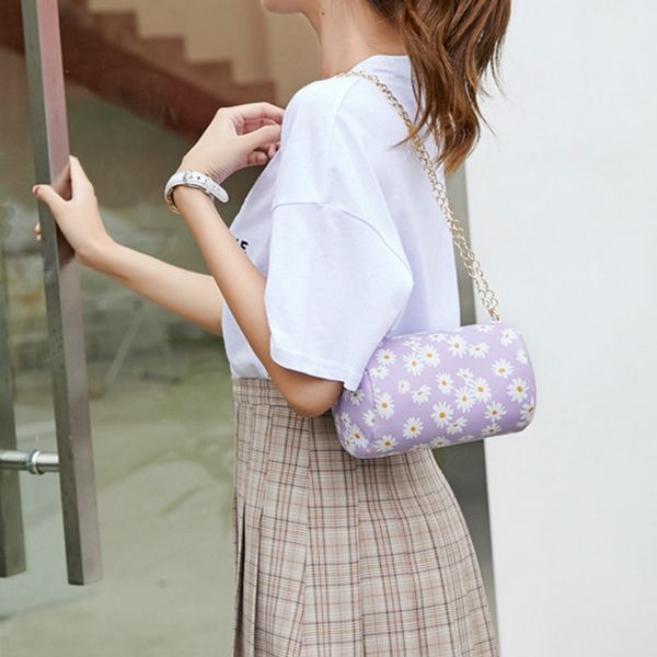 

youth ladies shoulder bags small square bag canvas women totes chain shoulder bag daisy flower female beach small bucket handbag, Black;red