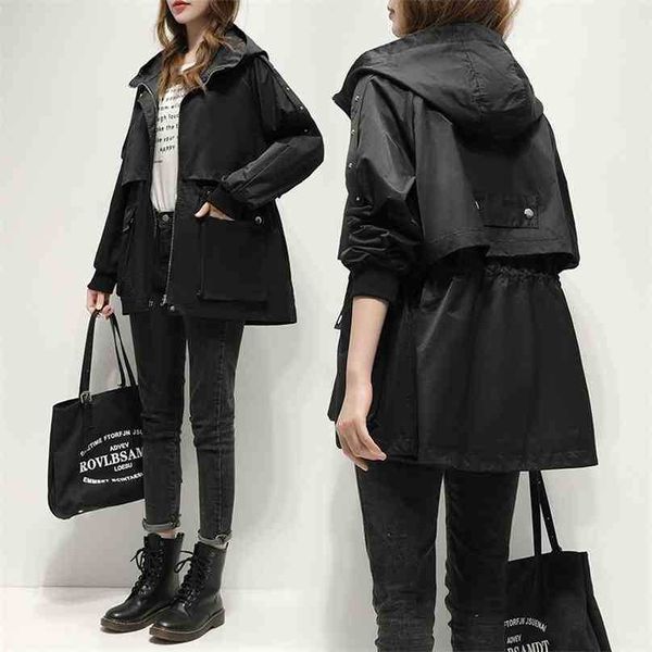 

spring autumn korean trench coat women hooded loose a line long coats woman streetwear casual plus size windbreaker outwear 210525, Tan;black
