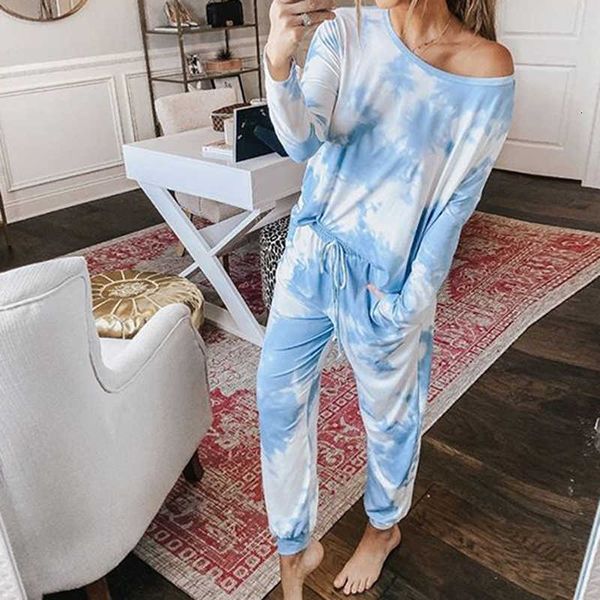 

omsj 2021 2 piece set gradual change tie dye print light blue casual long sleeve t shirt+pants women's two piece elegant outfits t20081, White