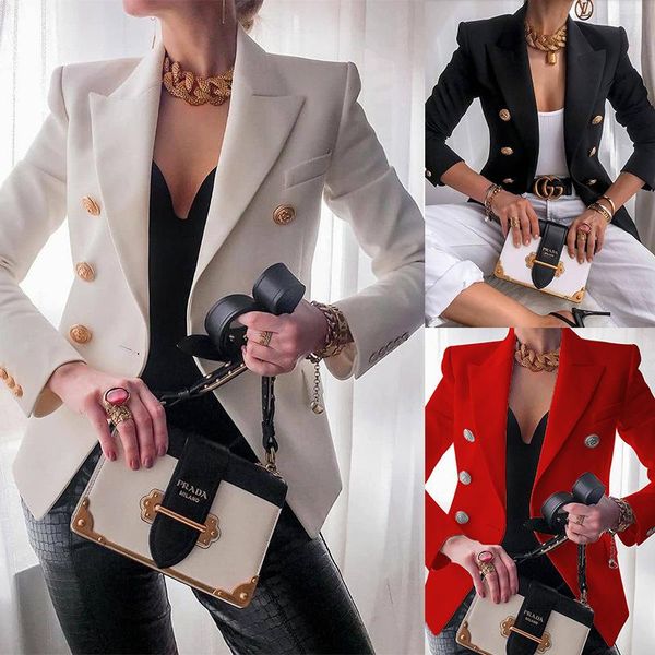 

solid color double breasted women blazer fashion suit collar long sleeve slim blazers, White;black