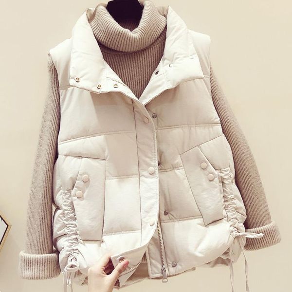 

women's vests #0769 winter vest women stand collar short waistcoat buttons side ribbons loose female bodywarmer, Black;white