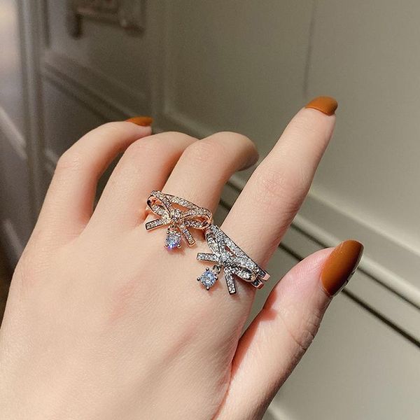 

wedding rings women's fashion romantic bowknot finger shiny crystal paved butterfly opening ring cute jewelry accessories, Slivery;golden