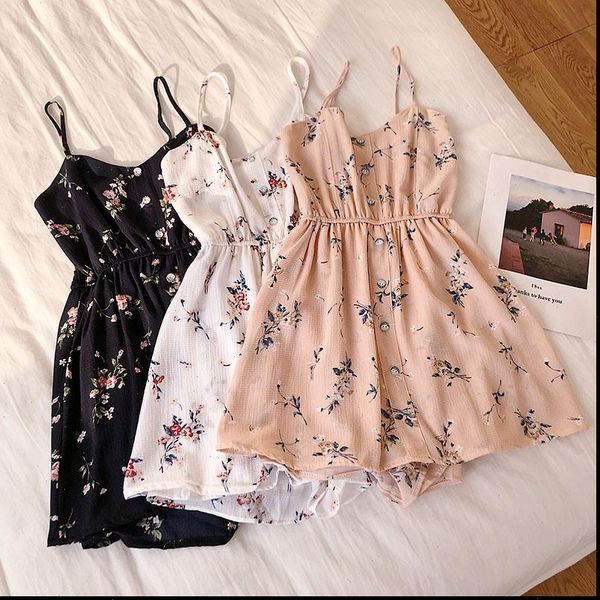 

sleeveless floral women jumpsuits summer beach wide leg overalls fashion korean playsuits bohemian print strap rompers, Black;white