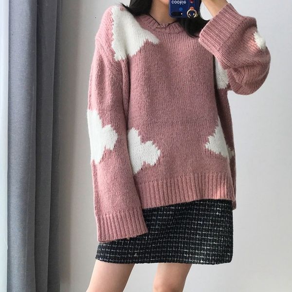 

2021 autumn new mohair personality cloud jacquard loose round neck pullover thick sweater women zlos, White;black