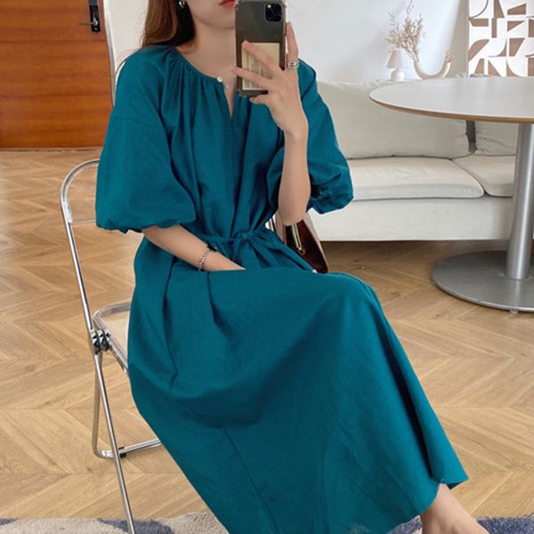 

2021 new 3 colors women summer long blue linen solid color high waist sashes backless vintage midi womens (n0020) 1rxa, Black;gray