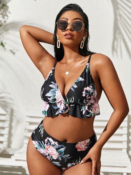 

plus floral ruffle hem bikini swimsuit t3mm#, Black