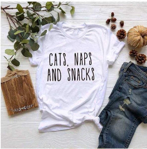 

women's t-shirt cats naps and snacks t shirts with funny quotes fashion women tshirt the european american cotton material, White