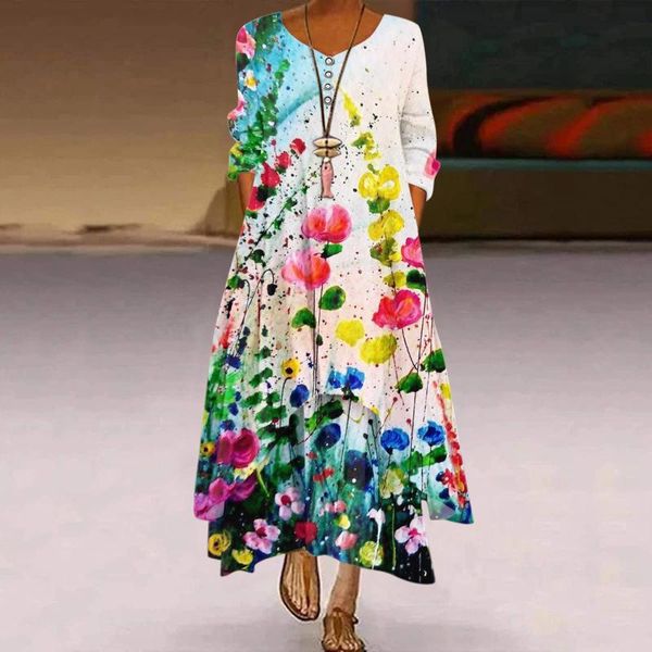 

casual dresses boho floral printed party dress print plus size loose vintage long maxi autumn oversized pocket robe longue 40#, Black;gray