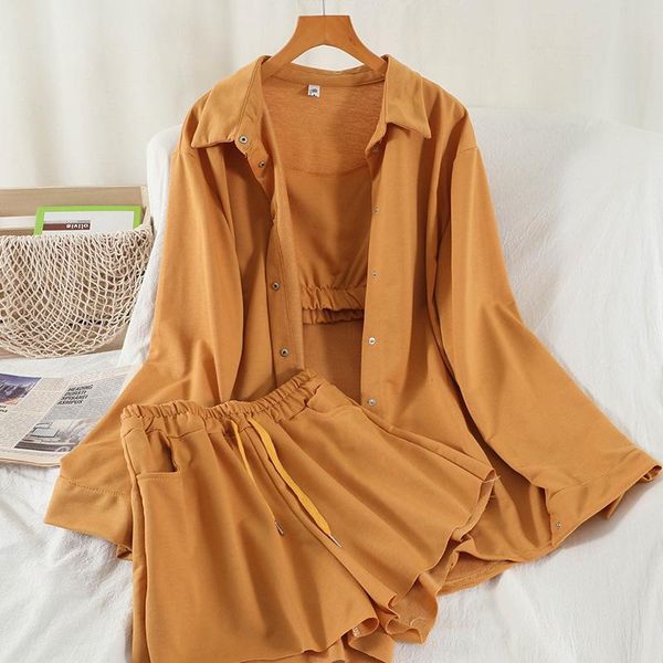 

women's tracksuits women lapel long sleeve shirt sling vest shorts arrivals three piece set fashion temperament autumn, Gray