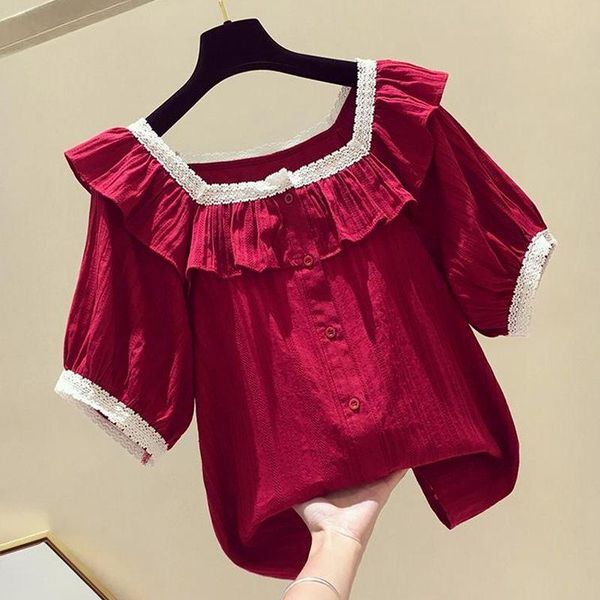 

women's blouses & shirts red sequare collar women blouse and summer ruffles short-sleeved loose solid female pulls tees, White