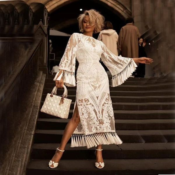 

casual dresses chic embroidery white lace long dress women 2021 spring summer vintage elegant flare sleeve tassel party, Black;gray