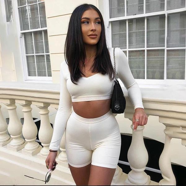 

solid bodycon women matching set long sleeve fashion casual two piece outfits basic crop and biker shorts sets 2021, Gray