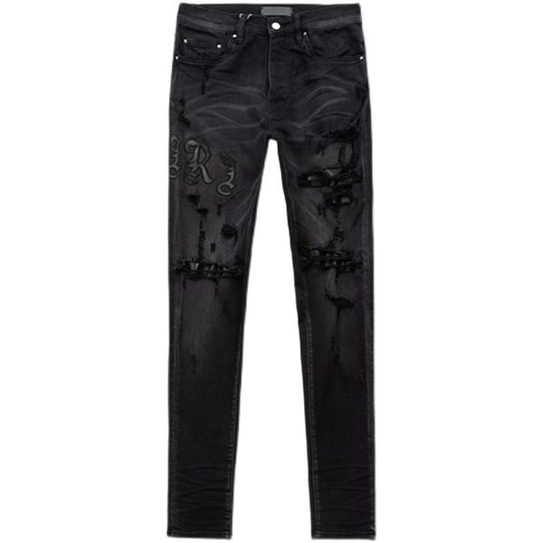 

men's jeans hole black homme marque de luxe ripped for men leather letter patchwork brand tights motorcycle pants, Blue