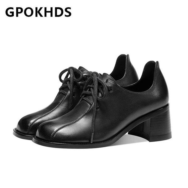 

dress shoes gpokhds 2021 women pumps soft cow leather autumn spring lace up khaki color square heel round toe high heels size 40, Black