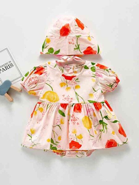 

baby floral print puff sleeve combo bodysuit dress with hat she, Red;yellow