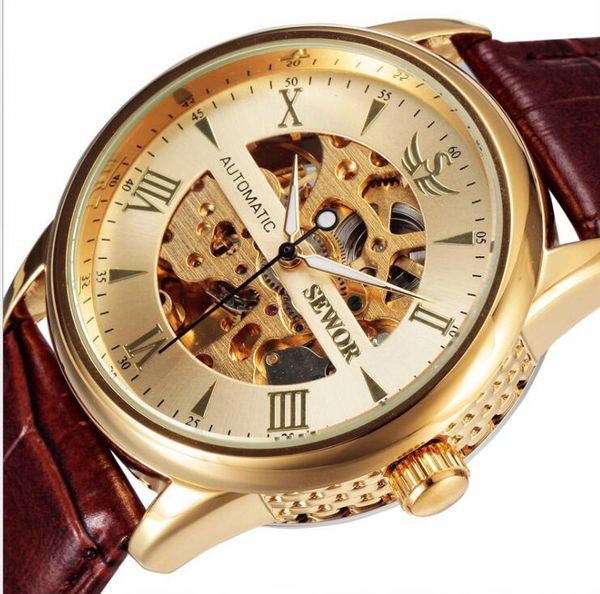 

sewor mechanical watch automatic movement watch leather strap men's casual fashion watch sew08, Slivery;brown