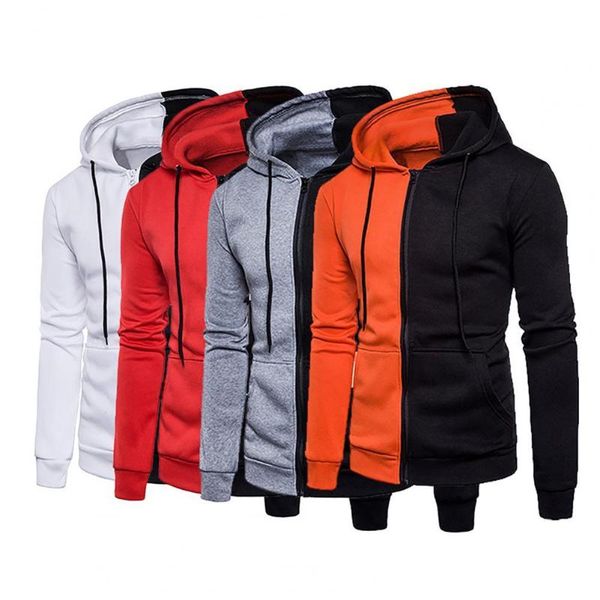 

men's hoodies & sweatshirts sweatshirt hooded patchwork zipper closure men jacket long sleeve drawstring side pocket male clothes, Black
