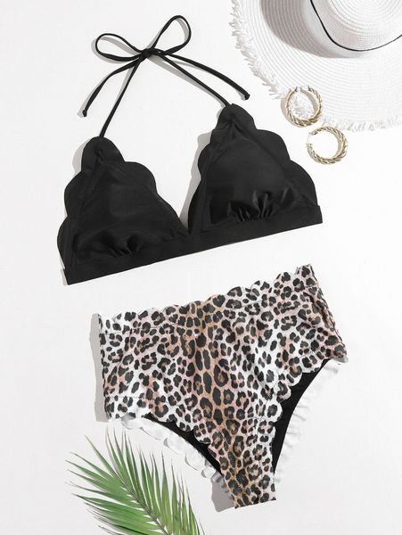 

plus leopard scallop trim halter bikini swimsuit d8d9#, Black