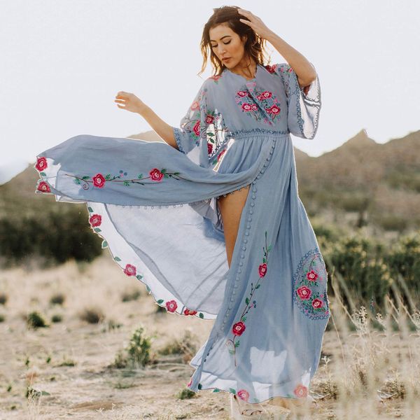 

2021 new boho chic embroidered o-neck batwing sleeve loose women casual beach maxi dress summer dresses vestido vh07, Black;gray
