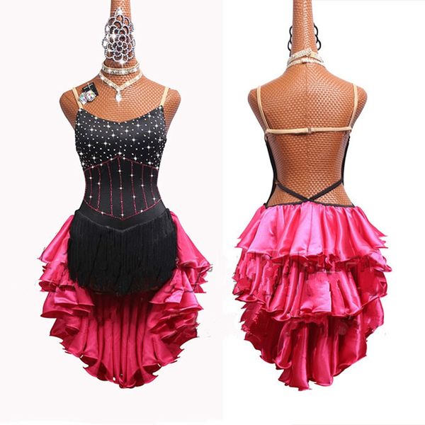 

rhinestones women latin dance dress with accessories tassel skirt salsa samba rumba india ladies fringe latin dancing costumes, Black;red