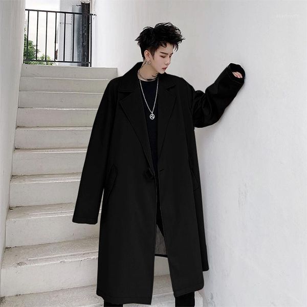 

men's trench coats male women streetwear solid color jacket overcoat men vintage fashion casual loose long coat outerwear, Tan;black