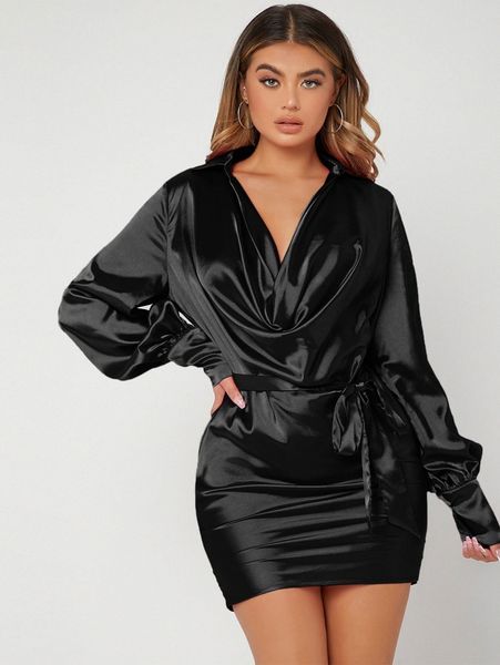 

sxy solid cowl neck belted dress 32zd#, Black;gray