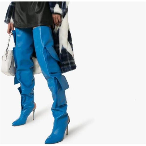 

boots black leather blue pocket designer on knee boots woman pointed finger of stiletto foot high heels knight long b6au