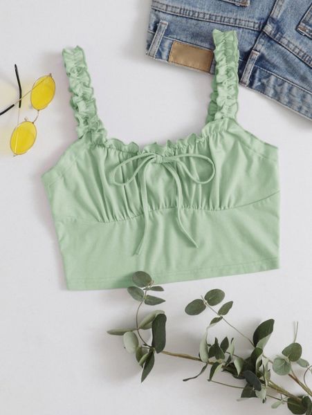 

frilled strap tie front ruched bust crop 60up#, White