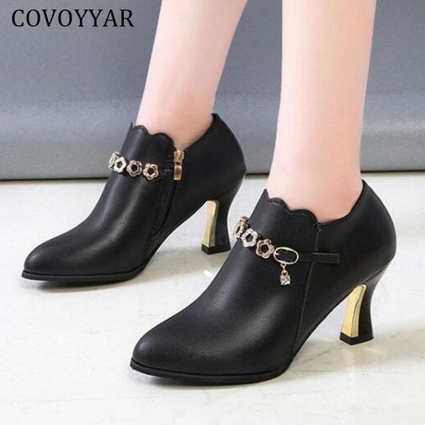 

boots covoyyar 2021 autumn winter ankle women metal decoration high heels zipper pointed toe crystal pumps shoes wbs4109, Black