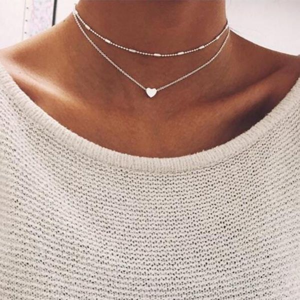 

chains 2021 classic silver color metal heart pendant necklace for women double layers female necklaces fashion jewelry friend