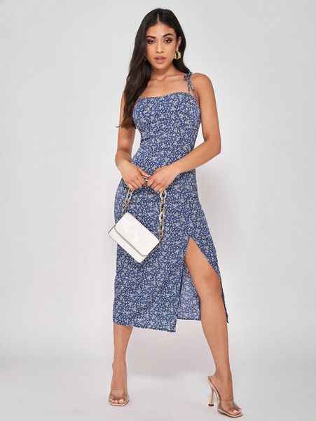 

petite ditsy floral slit thigh tie shoulder cami dress 90bt#, Black;gray