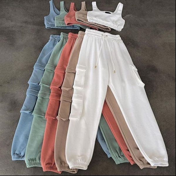 

women sweatpants crop sweatshirt thicken tracksuit pocket baggy pants casual loose joggers elastic waist trouser streetwear, Black;white