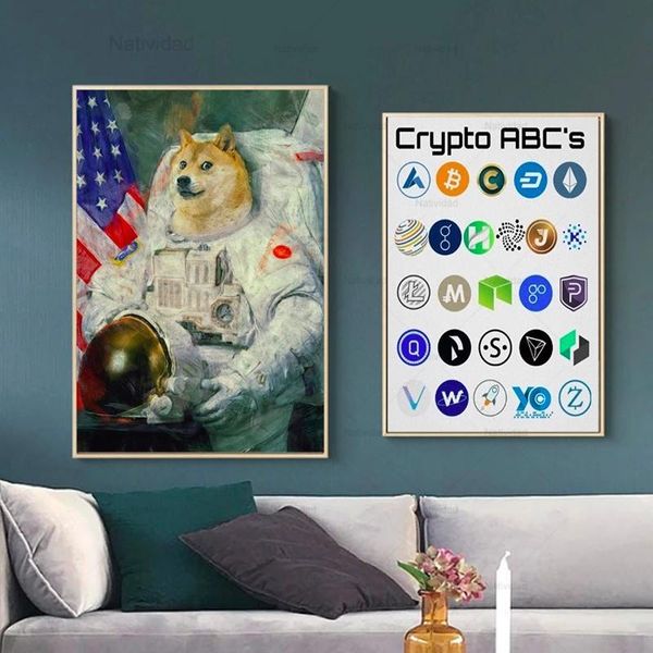

paintings canvas painting us astronaut dogecoin cryptocurrency vintage decorative kraft wall art posters living room decoration