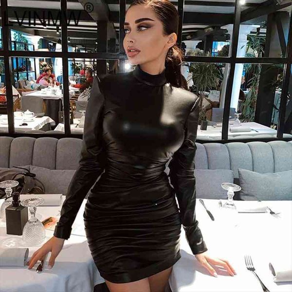 

pu pleated patchwork mock women dresses neck long sleeve black chic slim for autumn leather bodycon club party, Black;gray