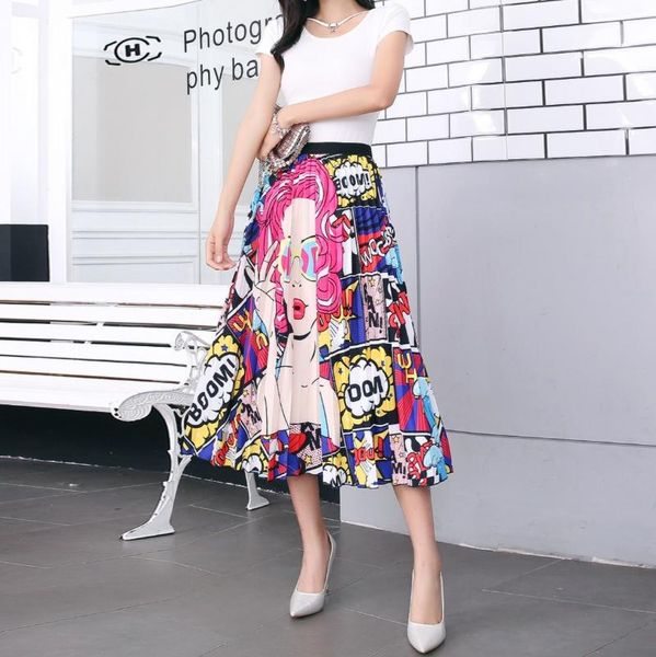 

skirts summer womens 2021 print big swing party holiday high street cartoon pattern empire elastic women midi skirt, Black