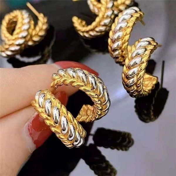 

hoop & huggie female hip hop punk earrings creative braided twist two tone vintage gold silver color for women jewelry, Golden;silver