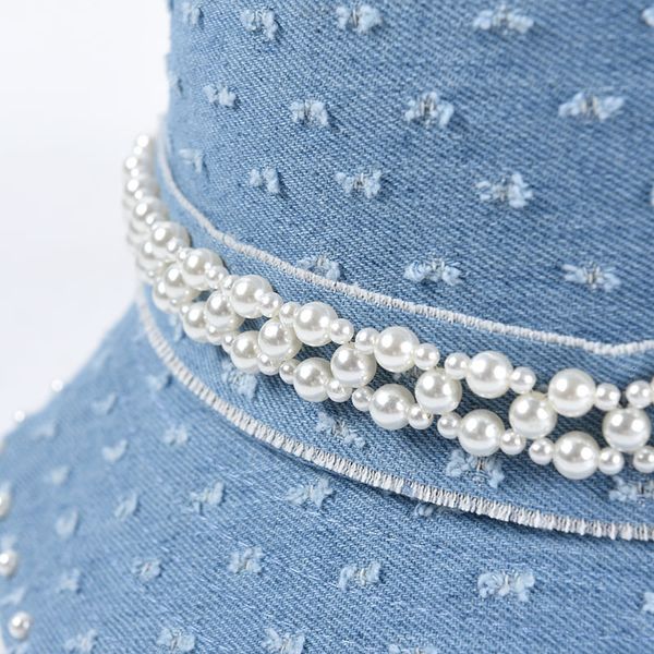 

2021 new denim bucekt women cotton summer flat pearl decorated bucket hat wide brim sun hats gyiy, Blue;gray